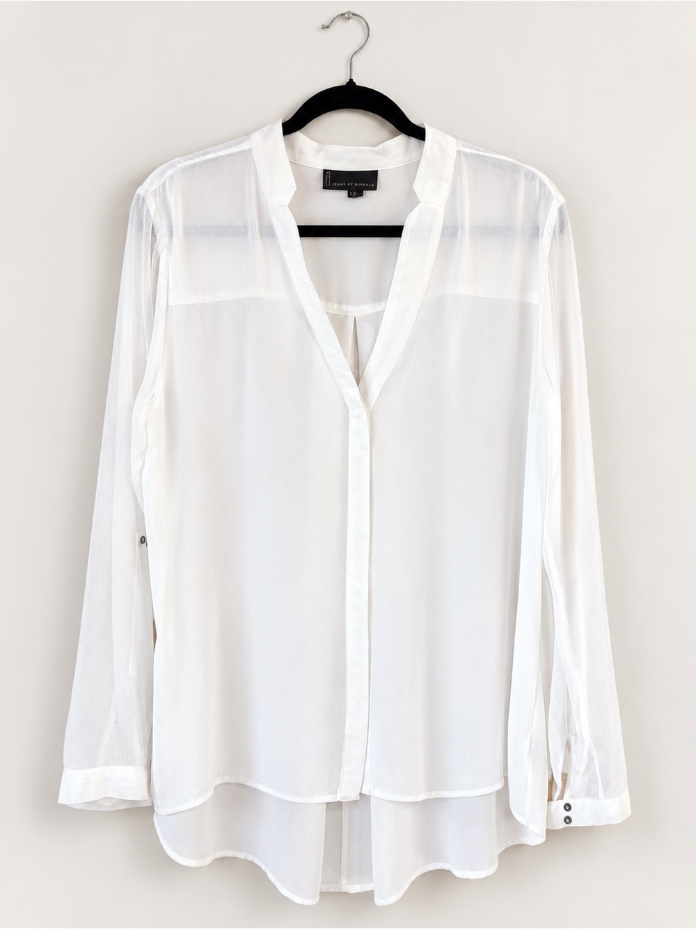 i Jeans by Buffalo White Sheer High-Low Button Blouse Size L